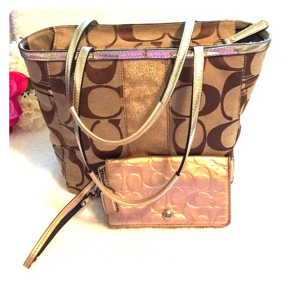 Coach Signature Khaki Metallic Tote & Gold Wristlet - Picture 1 of 8